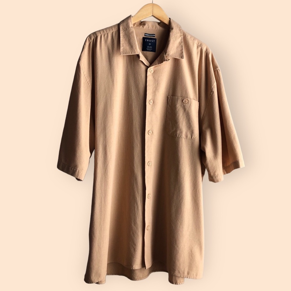 TRUST Linen Casual Button Down Short Sleeve Shirt Beige Tan MENS Plus Size 3X